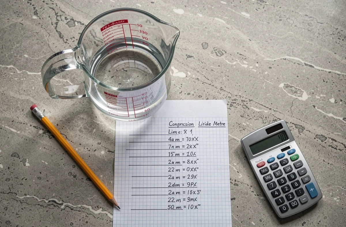 Vue du dessus d'un pichet gradué en litres posé à côté d'un tableau de conversion manuscrit litres mètres cubes sur plan de travail