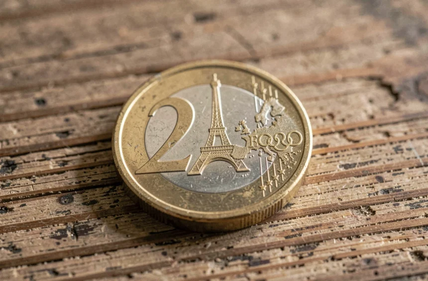 Pièce de 2 euros commémorative JO 2026 avec motif Tour Eiffel et anneaux olympiques posée sur bois vintage