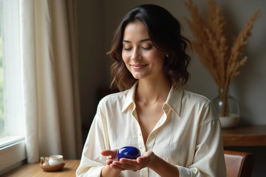 Femme tenant une pierre de lapis-lazuli bleue dans sa paume, symbole d'amour et de protection, atmosphère apaisante et minimaliste