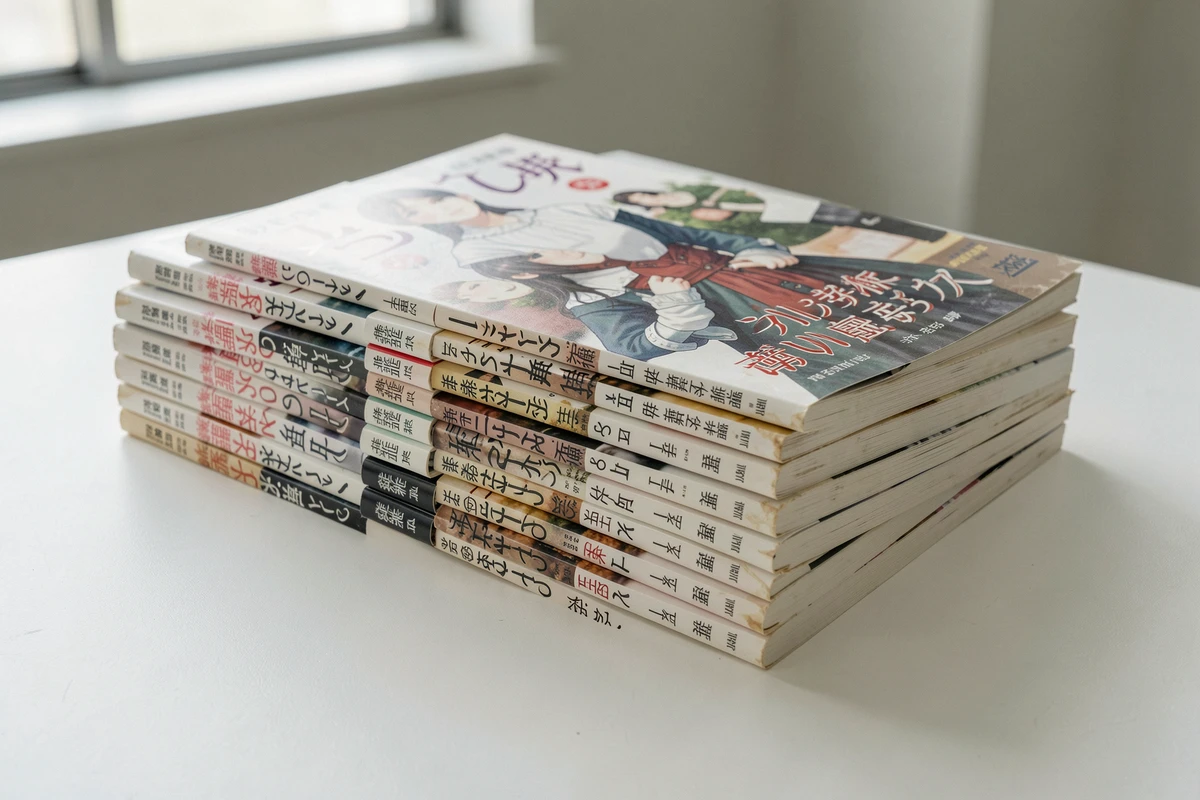 Pile de volumes manga empilés en ordre de lecture sur une table blanche épurée