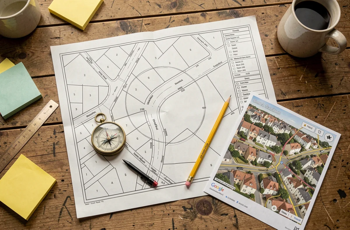 Vue aérienne d'un bureau avec plan cadastral ouvert et outils cartographiques pour localiser l'impasse des Lilas