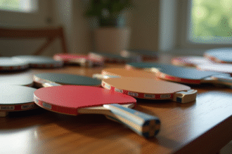 Plusieurs raquettes de tennis de table sur une table en bois