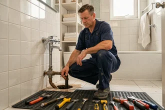 Plombier professionnel intervenant en urgence dans une salle de bain de l'Yonne
