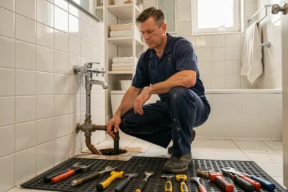 Plombier professionnel intervenant en urgence dans une salle de bain de l'Yonne