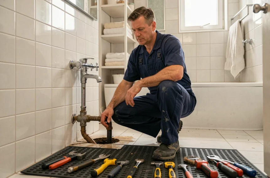 Plombier professionnel intervenant en urgence dans une salle de bain de l'Yonne