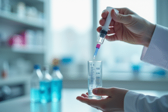 Main de pharmacien versant liquide dans cylindre gradué