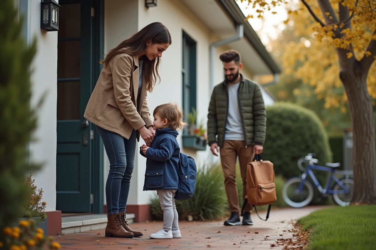 Mère aidant son enfant à mettre son manteau devant la maison