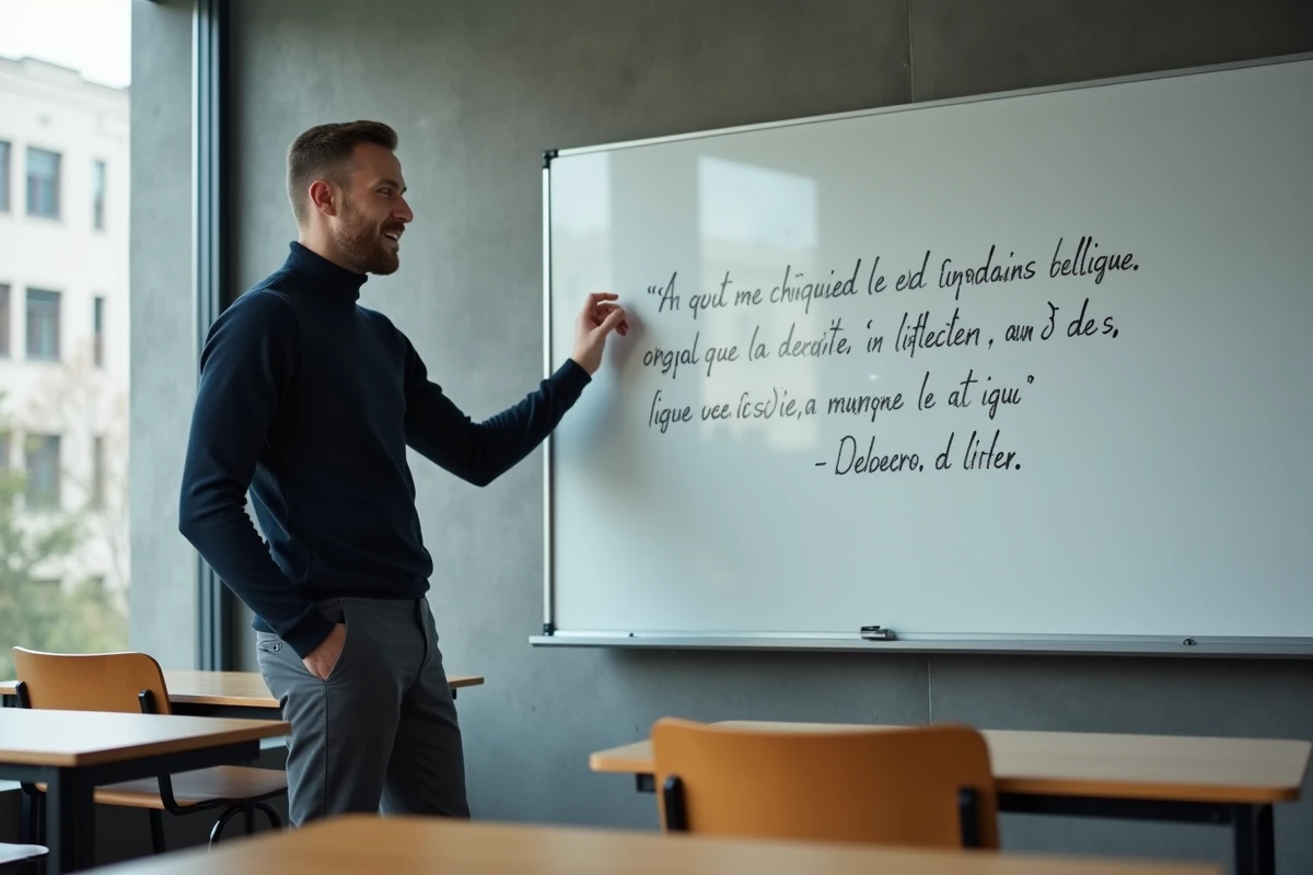 Homme présentant une citation poétique au tableau dans une salle universitaire, illustrant l'usage de Rimbaud pour dynamiser une introduction