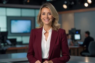 Présentatrice de télévision en blazer bordeaux devant un bureau de plateau TV moderne, expression professionnelle et dynamique