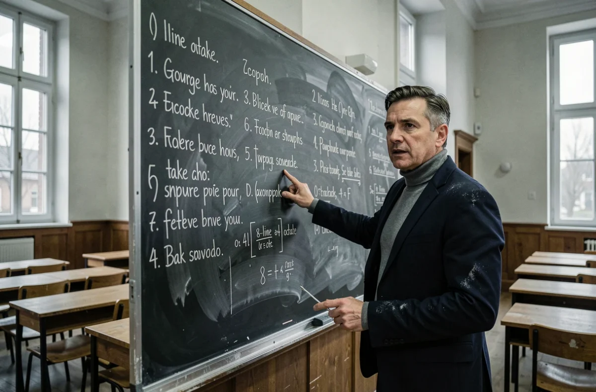 Professeur de littérature expliquant les groupements de vers et la strophe de huit vers au tableau dans une salle de classe universitaire