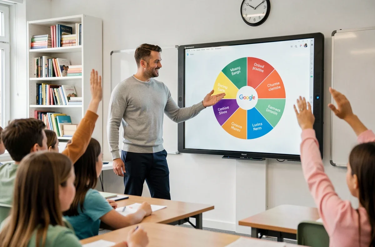 Professeur utilisant la toupie Google sur tableau interactif pour interroger les élèves de manière ludique en cours