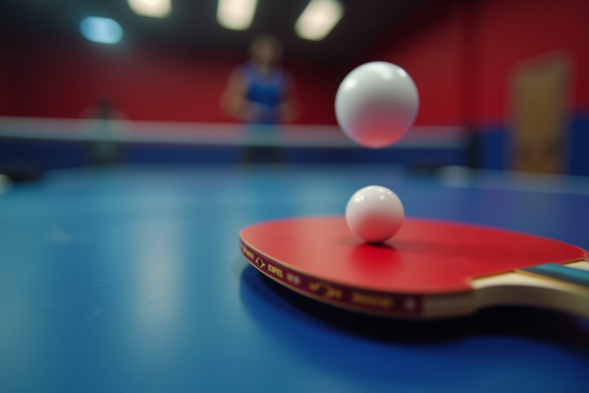 Raquette de ping pong en mouvement avec balle en action