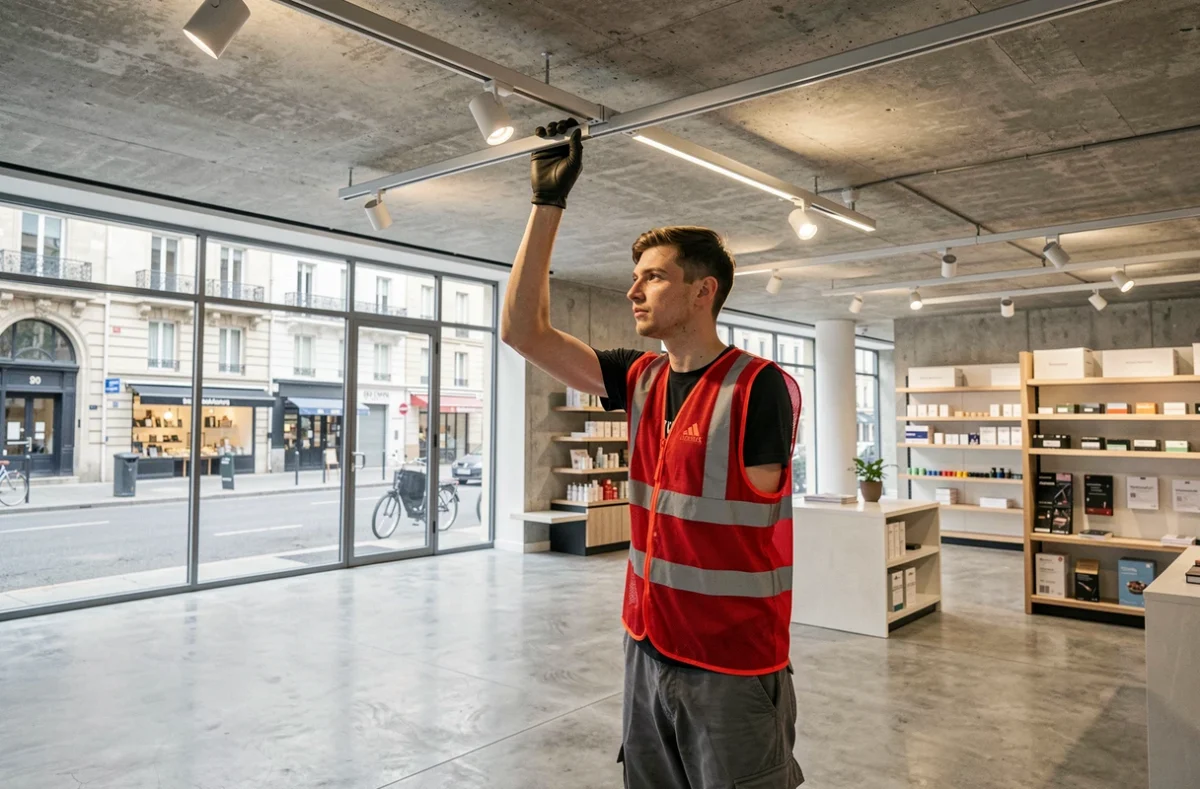 Technicien de Ray Tec 92 installant un rail de spots LED dans un espace commercial contemporain