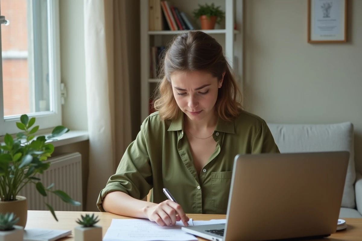 Jeune femme rédigeant une plainte ou un avis client sur Rokzov depuis son bureau à domicile