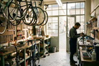 Atelier de réparation de vélos en Centre-Val de Loire avec des mécaniciens au travail et des vélos suspendus aux murs