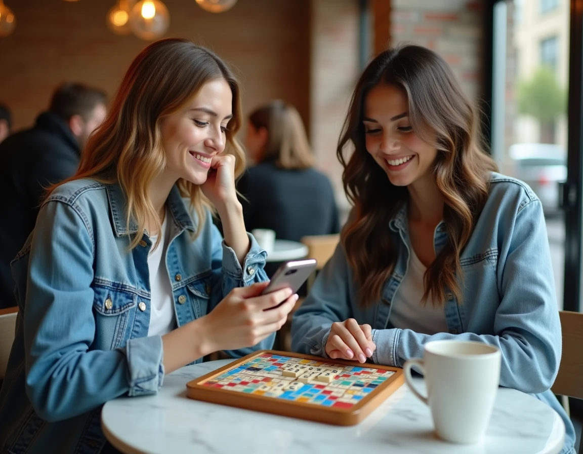 Deux femmes jouant au Scrabble de voyage dans un café, l'une consultant une application d'anagramme sur son smartphone