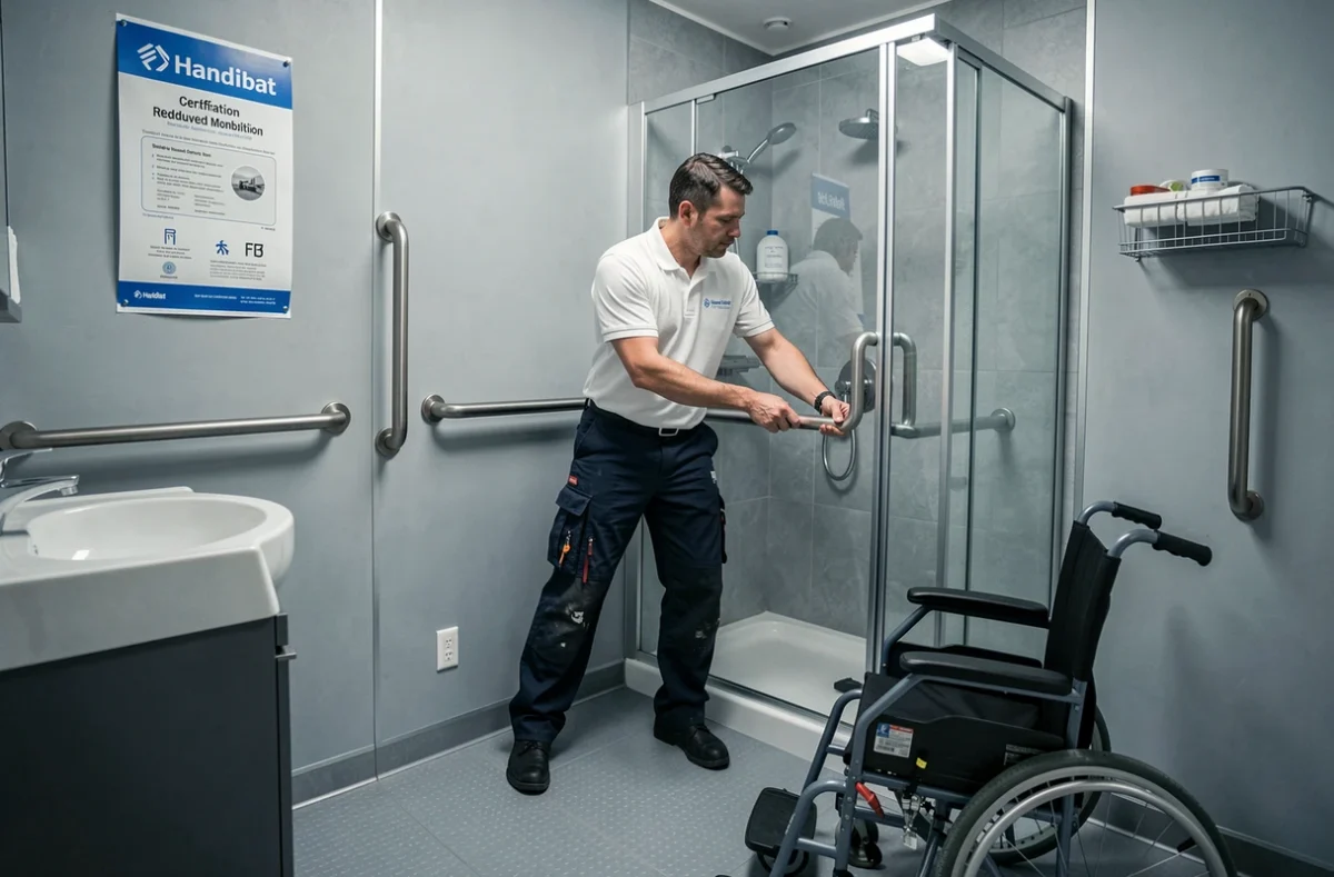 Plombier spécialisé SIDES Plomberie installant une douche accessible pour personnes à mobilité réduite avec label Handibat