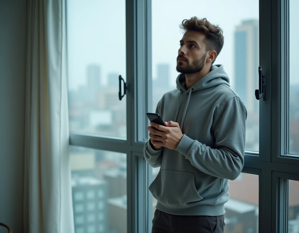 Homme tenant un smartphone discrètement près d'une fenêtre urbaine, illustrant l'envoi de message anonyme
