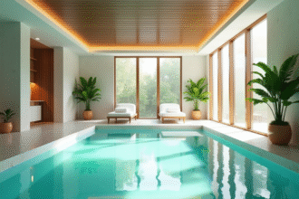 Salle de spa intérieure privée avec piscine turquoise lumineuse