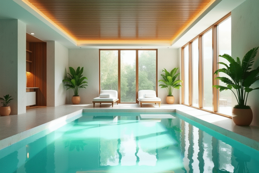 Salle de spa intérieure privée avec piscine turquoise lumineuse