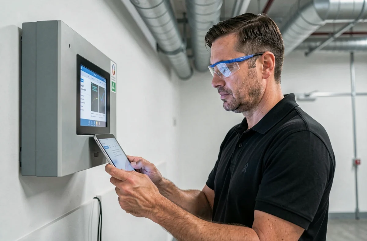 Technicien de Stellar Electronic Systemes programmant un panneau de domotique dans un bâtiment industriel