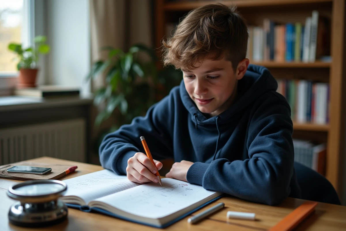 Adolescent étudiant un tableau de conversion kilogrammes et grammes sur son bureau avec une balance