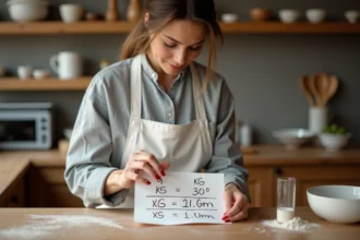 Femme consultant un tableau de conversion kg et grammes dans une cuisine avec une balance numérique
