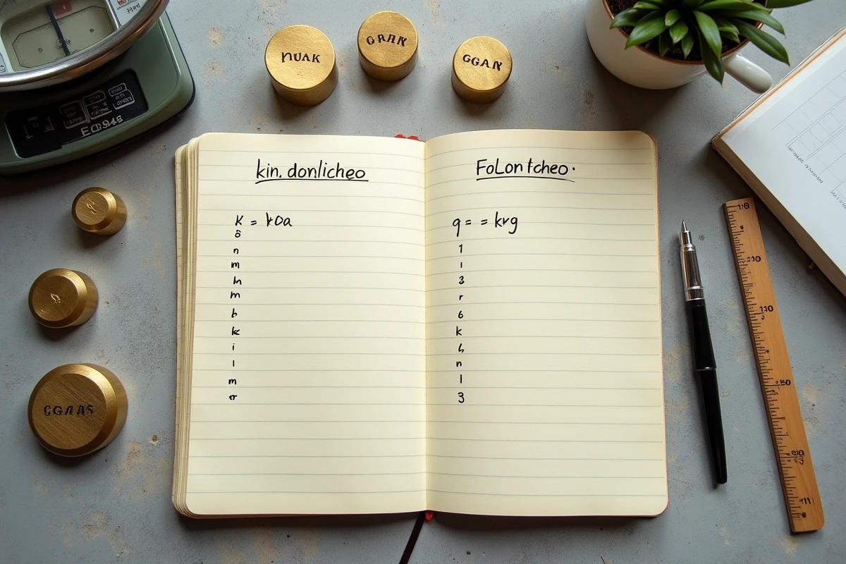 Vue du dessus d'un tableau de conversion kilogrammes grammes manuscrit entouré de poids et d'une balance