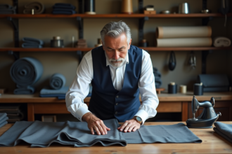 Tailleur mesurant un tissu gris dans un atelier de couture