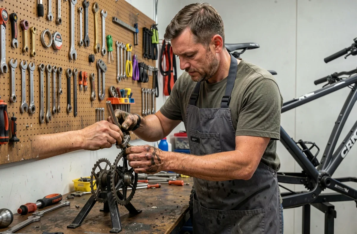 Mécanicien de Techni Cycle Tours réglant avec précision un système de freins sur un VTT dans un atelier spécialisé