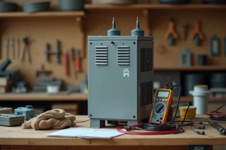 Transformateur électrique 380V en 220V posé sur un établi d'atelier entouré de câbles et d'outils de mesure