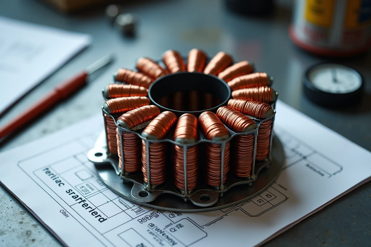 Gros plan d'un transformateur toroïdal 380V 220V avec enroulements en cuivre et documentation technique sur établi