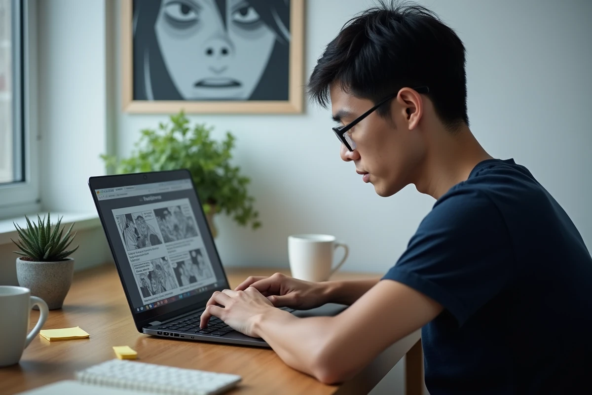 Homme utilisant un logiciel de lecture de manga en ligne sur ordinateur portable dans un bureau à domicile minimaliste