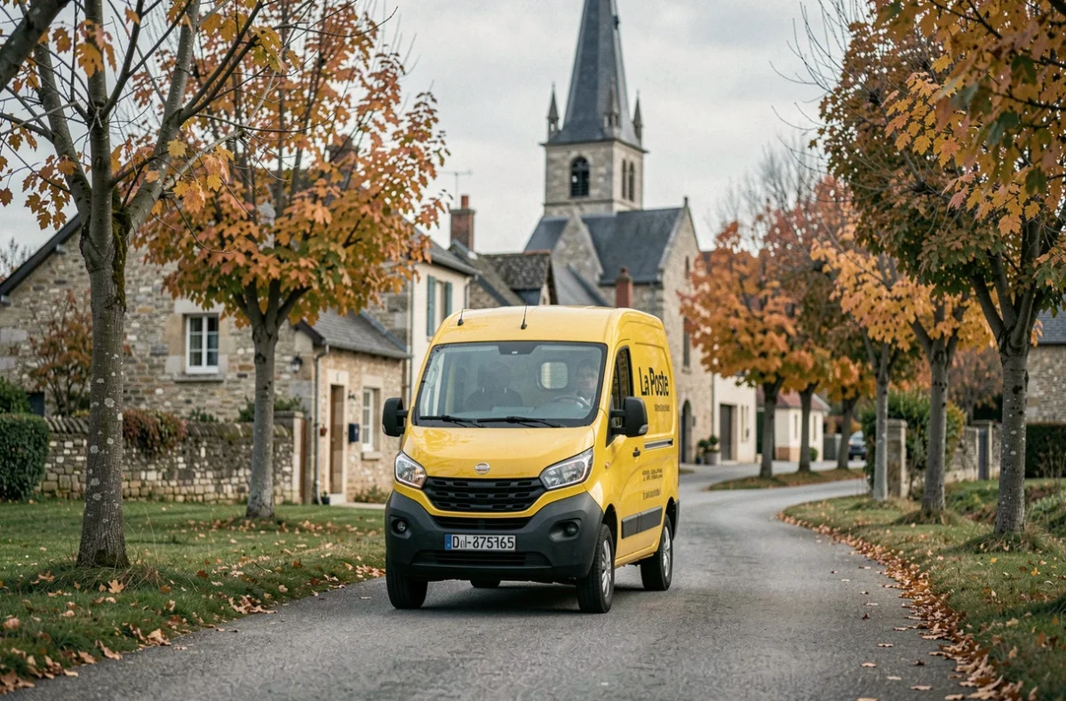 Véhicule électrique de La Poste sur une route de campagne dans un village rural français