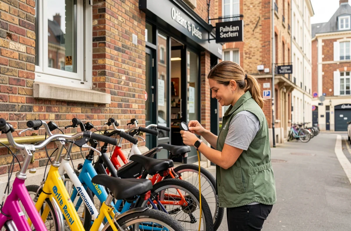 Employée de Veloop vérifiant la pression des pneus sur des vélos de location alignés devant la boutique