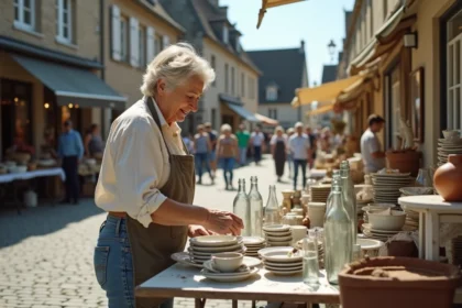 Vendeuse organisant des objets anciens sur sa table lors d'un vide-grenier dans le Pas-de-Calais
