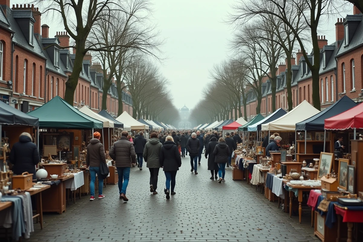 Vue panoramique d'un vide-grenier animé dans une rue d'une ville du Pas-de-Calais