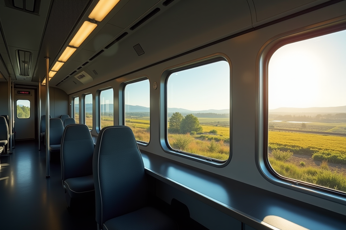 Vue panoramique depuis un train entre Québec et Montréal en journée